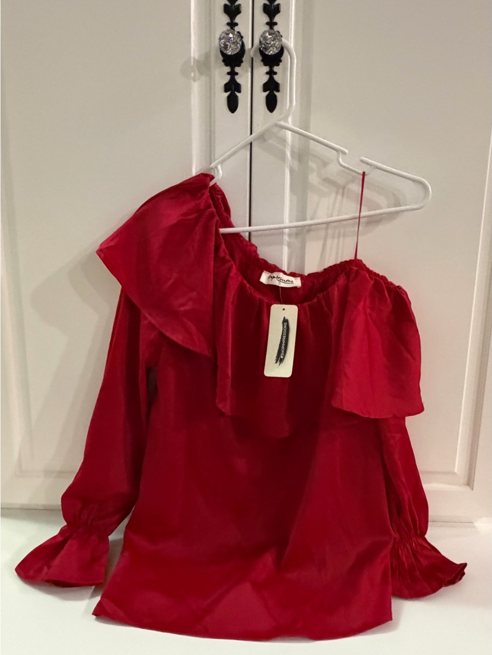 Impressions Red Off-Shoulder Ruffle Blouse